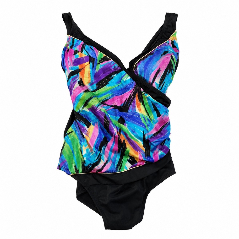 Vintage Longitude Womens Abstract Print Surplice One Piece Swimsuit Multicolor